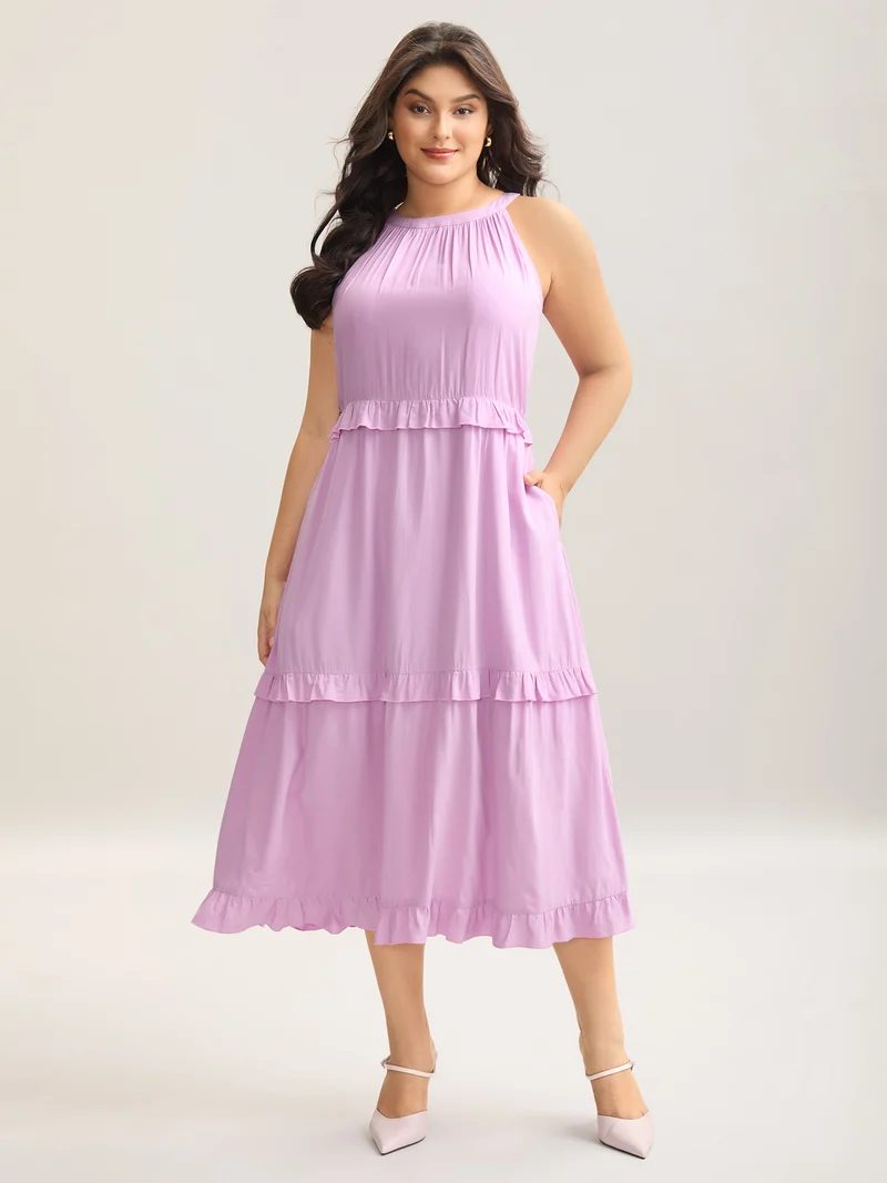 Halter Neck Tiered Ruffles Pocket Midi Dress