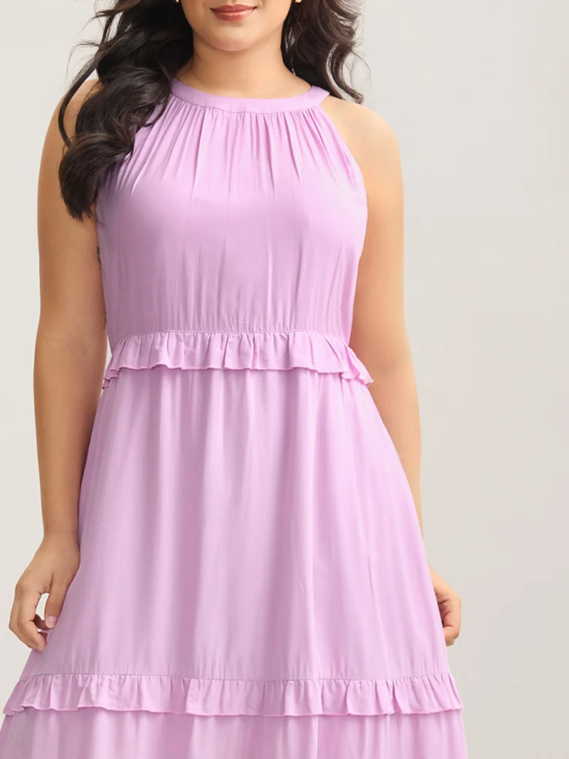 Halter Neck Tiered Ruffles Pocket Midi Dress