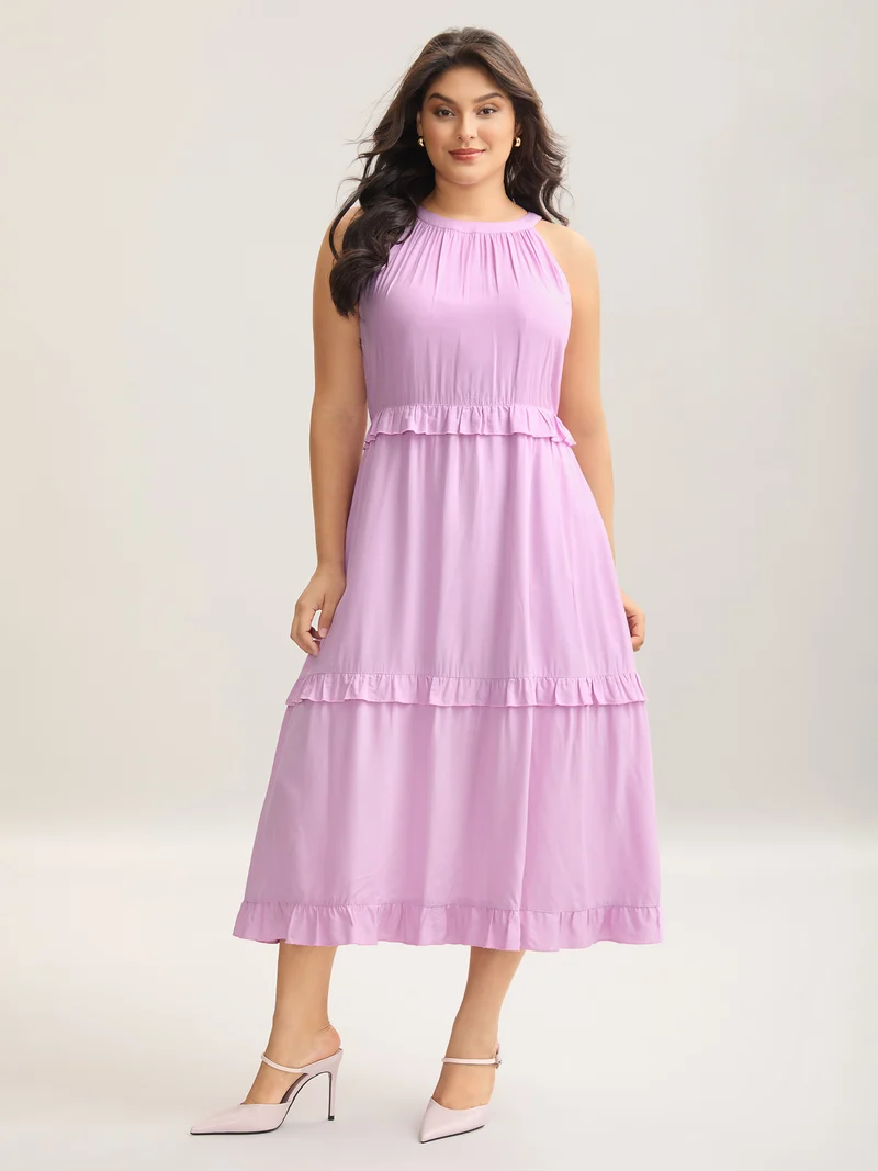 Halter Neck Tiered Ruffles Pocket Midi Dress