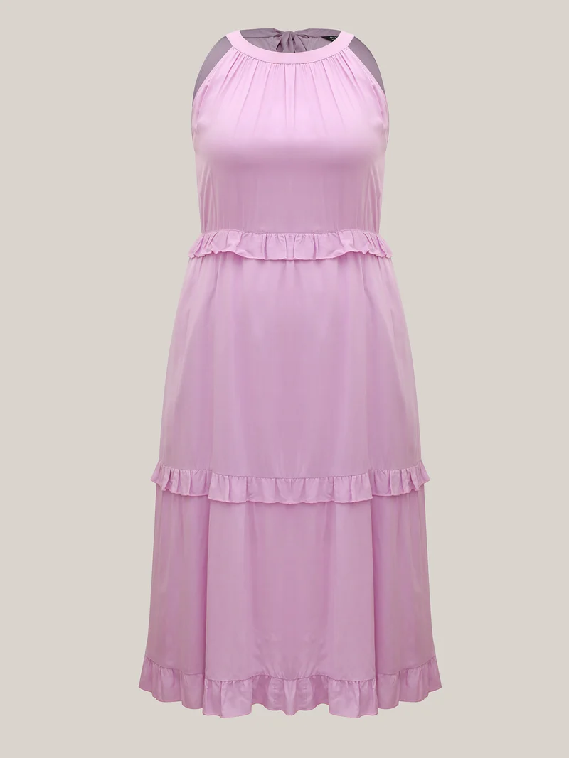 Halter Neck Tiered Ruffles Pocket Midi Dress