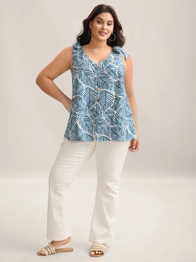 Bow Shoulder Leaf Print Button Tank Top