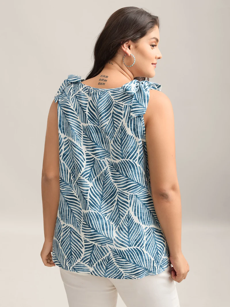Bow Shoulder Leaf Print Button Tank Top