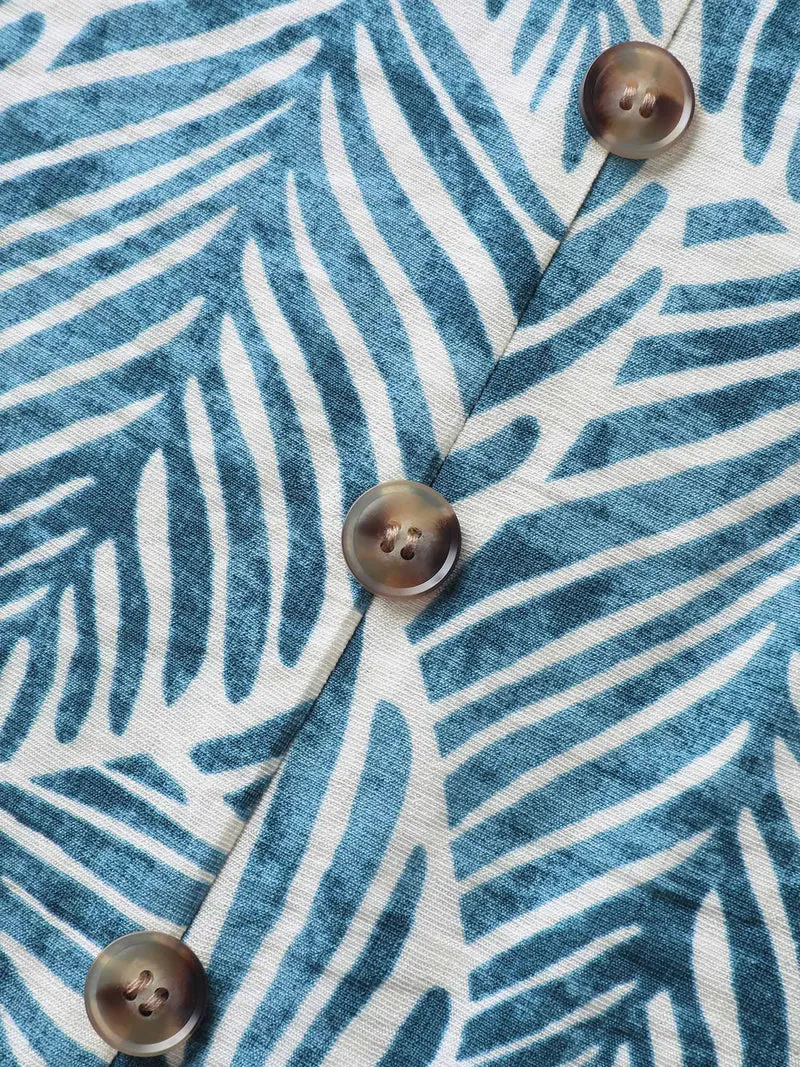 Bow Shoulder Leaf Print Button Tank Top