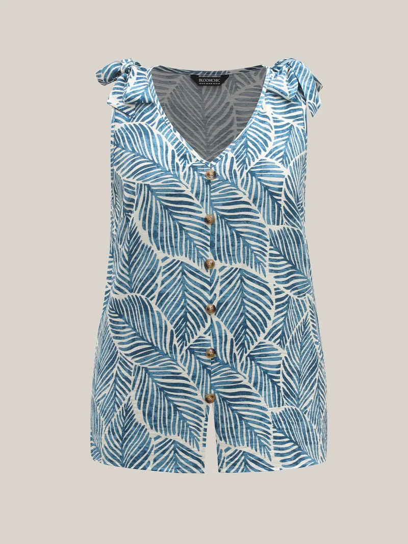 Bow Shoulder Leaf Print Button Tank Top