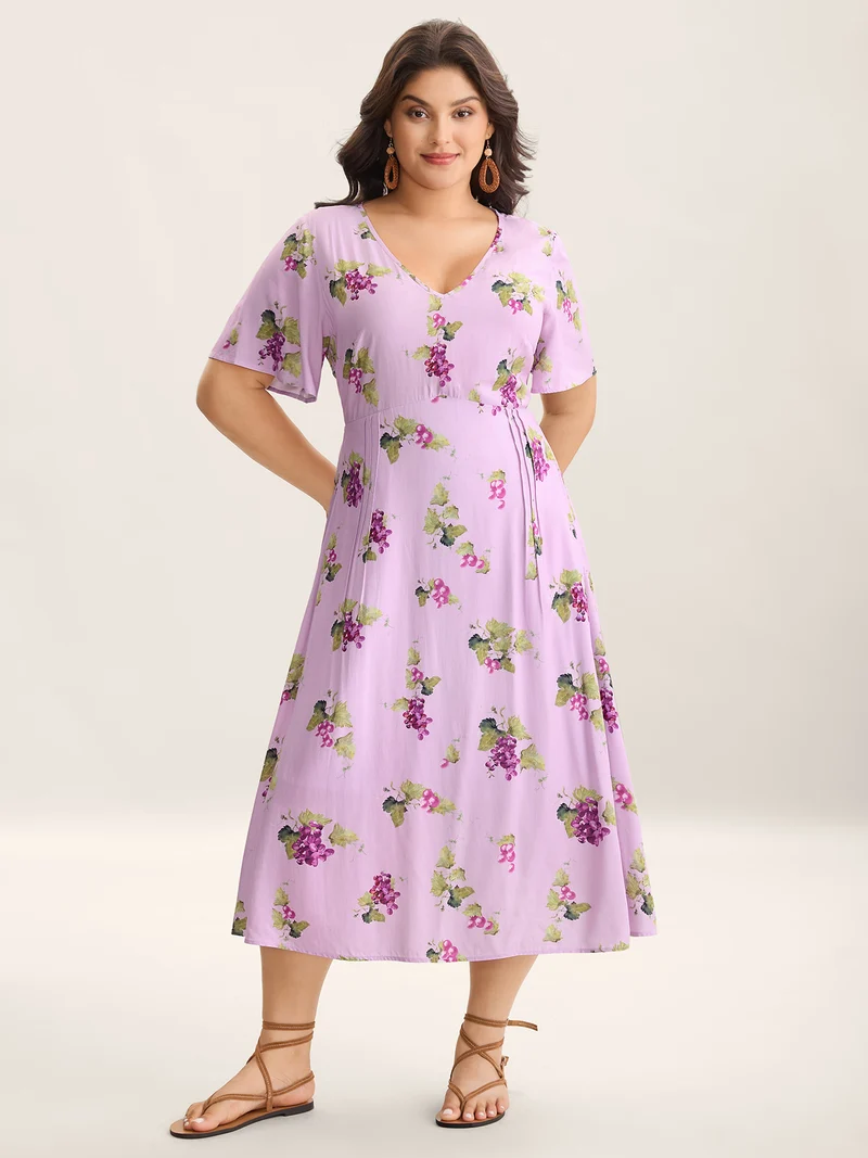 Fruity Floral Print Toothpick Pleat Maxi Dress