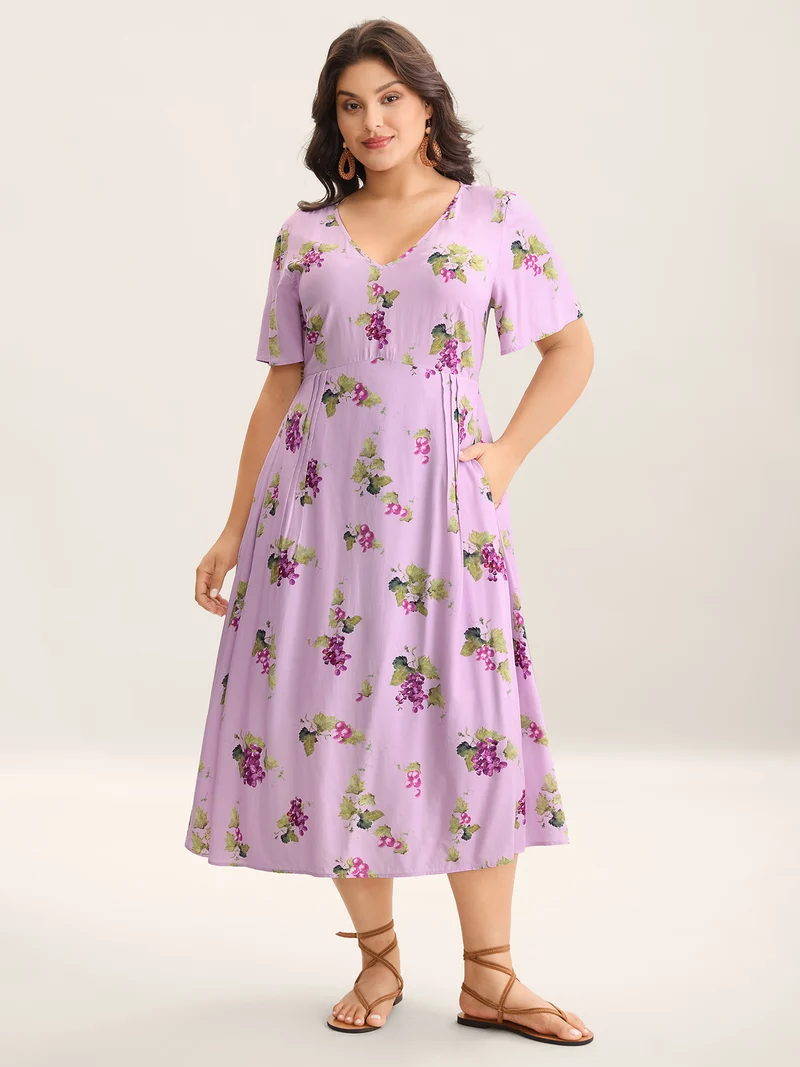 Fruity Floral Print Toothpick Pleat Maxi Dress