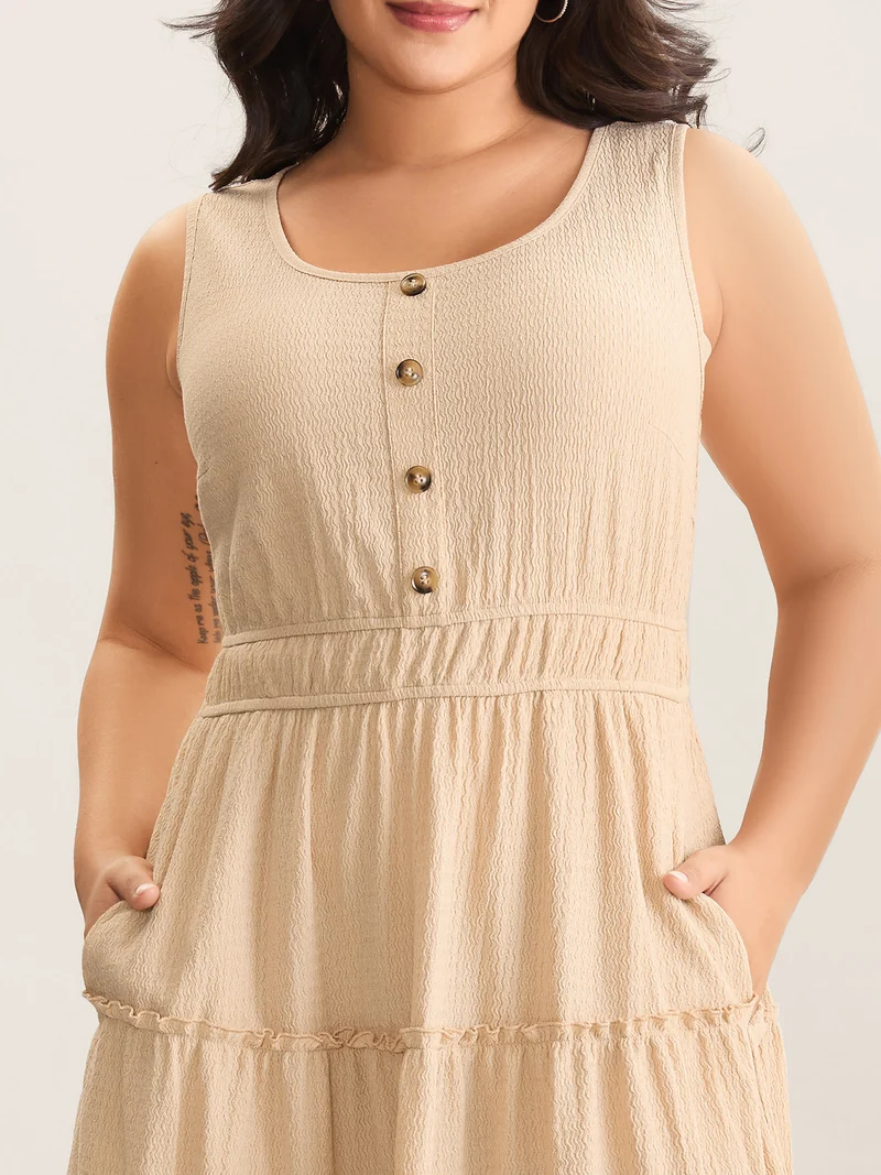 Textured Stretchy Waist Button Midi Dress