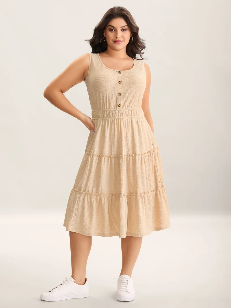 Textured Stretchy Waist Button Midi Dress