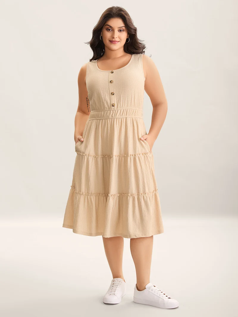 Textured Stretchy Waist Button Midi Dress