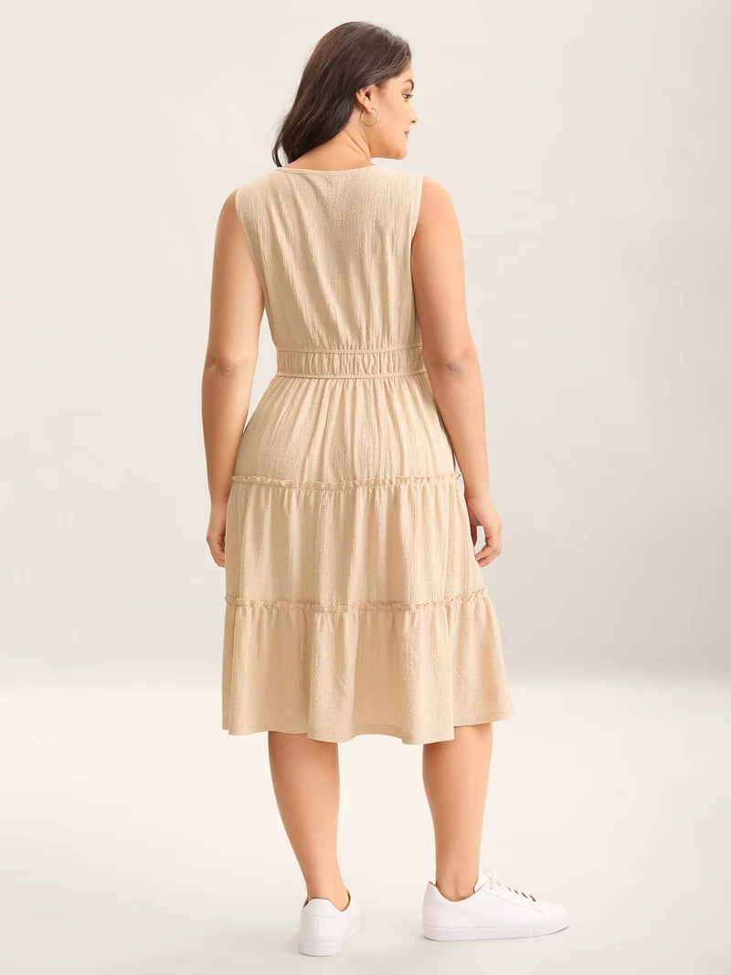 Textured Stretchy Waist Button Midi Dress