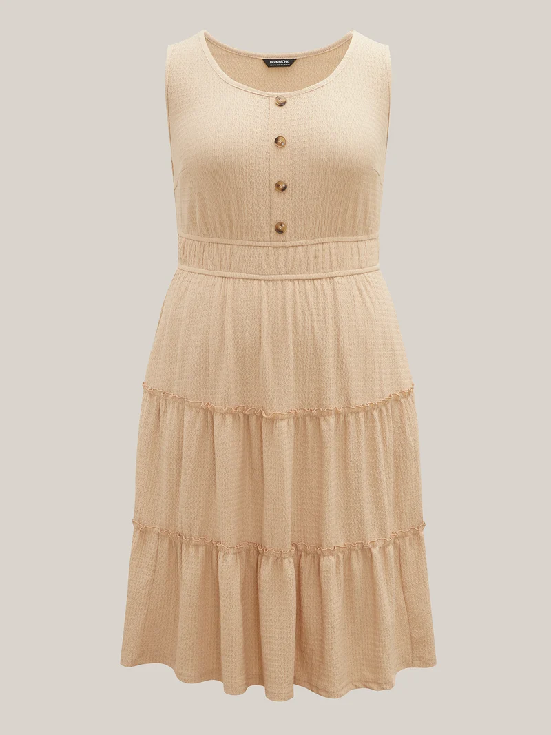 Textured Stretchy Waist Button Midi Dress