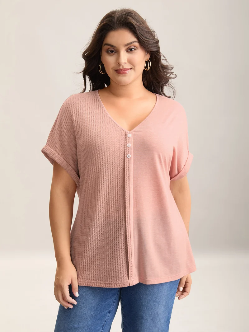 Textured Button Detail Spliced T-Shirt