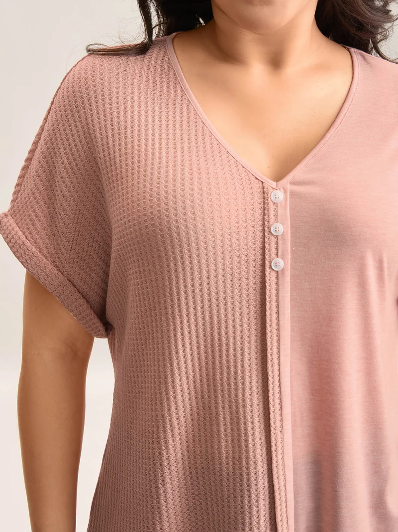 Textured Button Detail Spliced T-Shirt