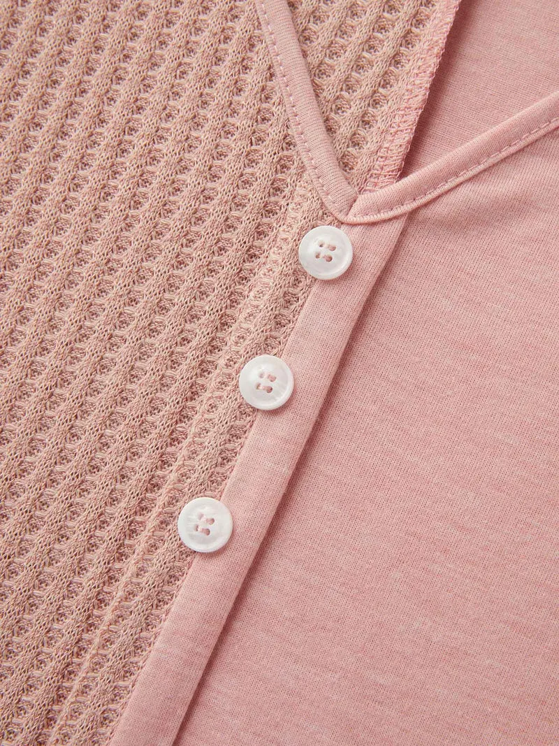 Textured Button Detail Spliced T-Shirt