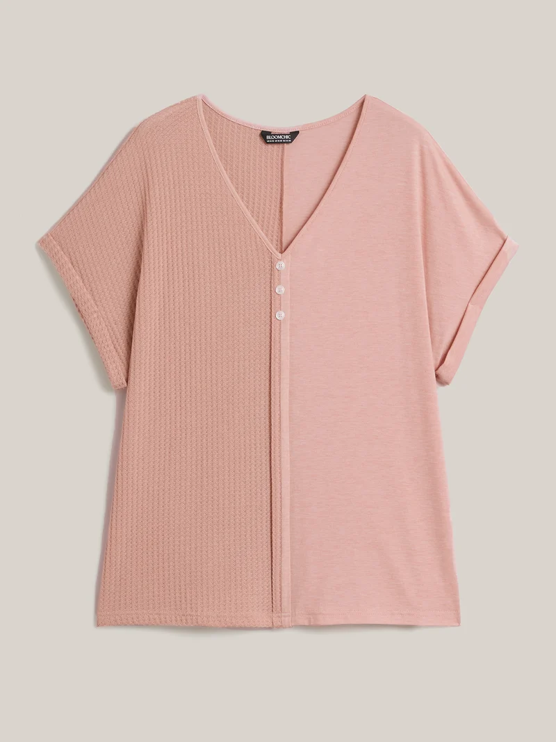 Textured Button Detail Spliced T-Shirt