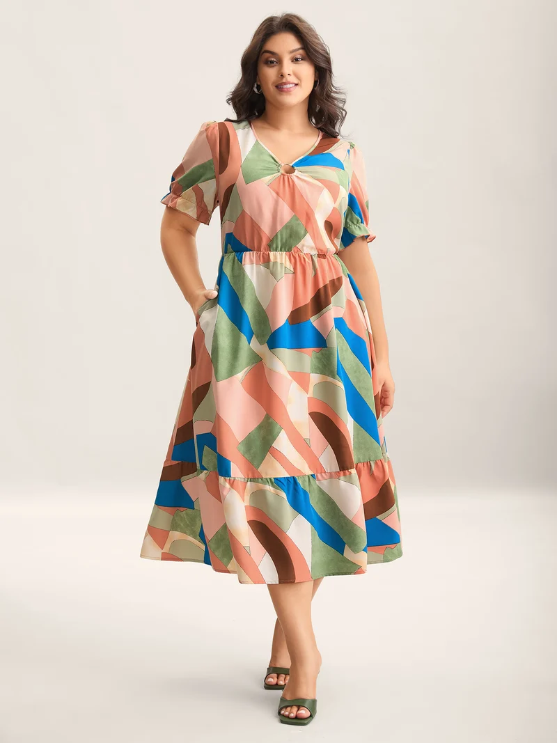 Geometric Print Keyhole Pockets Maxi Dress