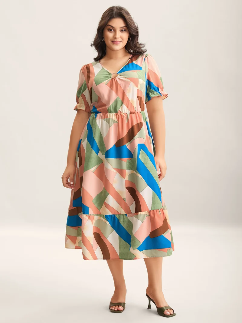 Geometric Print Keyhole Pockets Maxi Dress