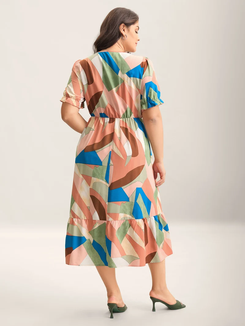Geometric Print Keyhole Pockets Maxi Dress