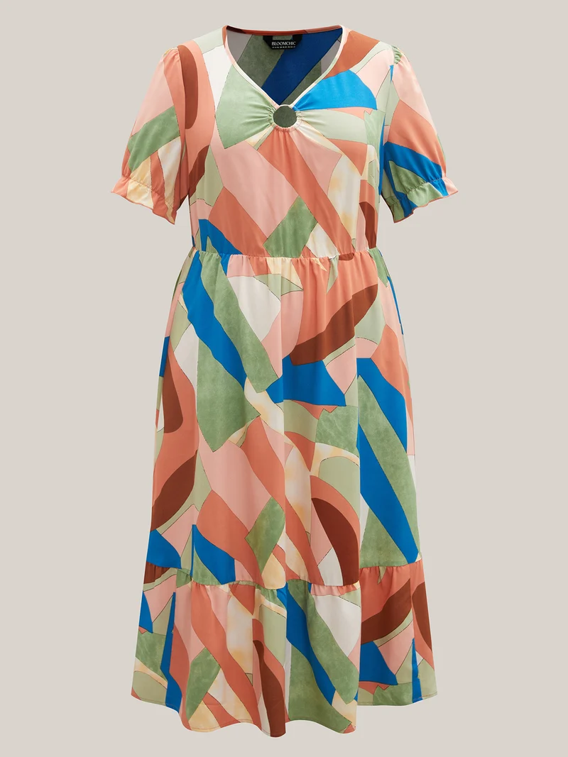 Geometric Print Keyhole Pockets Maxi Dress