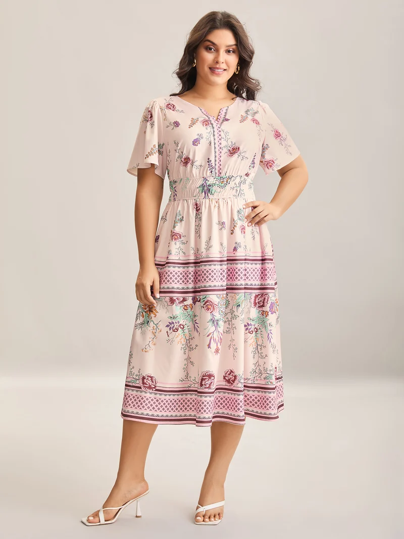 Floral Print Waist Defining Midi Dress
