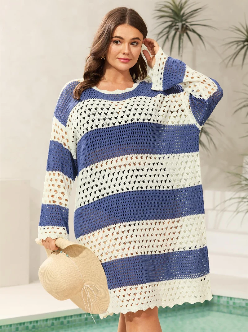 Striped Cut-Out Color Contrast Swim Cover-Up