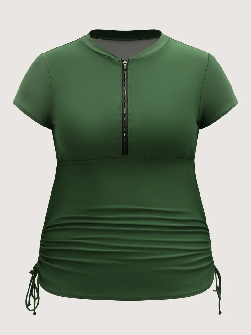 Zipper Drawstring Detail Solid Swim Top