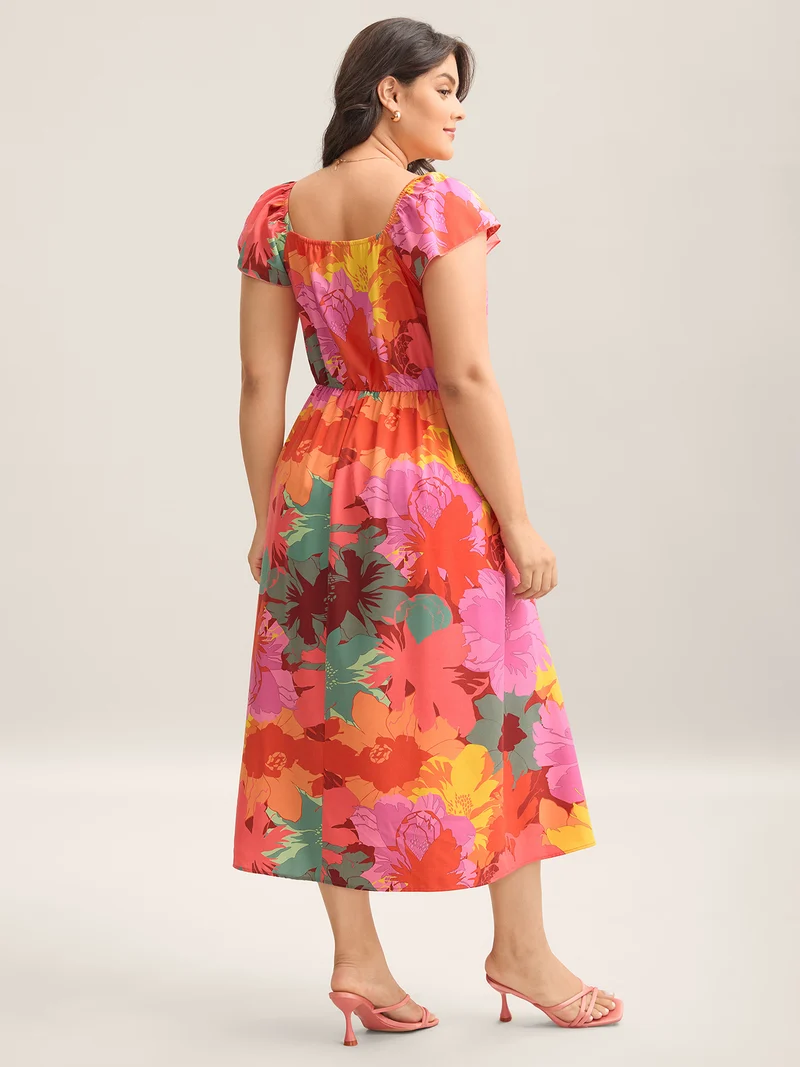 Colorful Large Flower Print Pockets Midi Dress