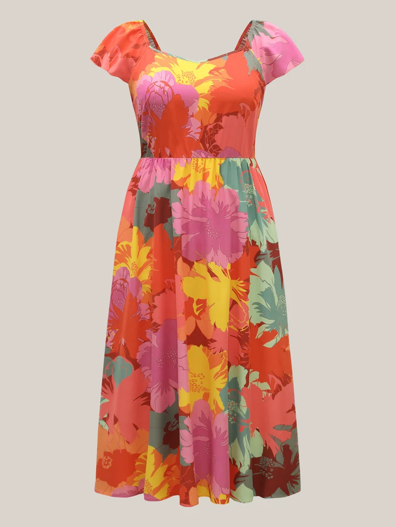 Colorful Large Flower Print Pockets Midi Dress