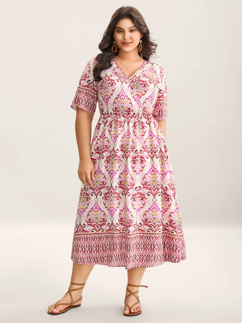 Ornate Print Surplice Pockets Maxi Dress