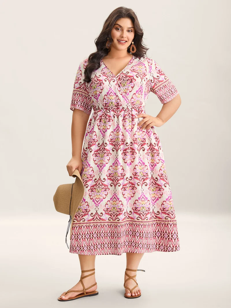 Ornate Print Surplice Pockets Maxi Dress