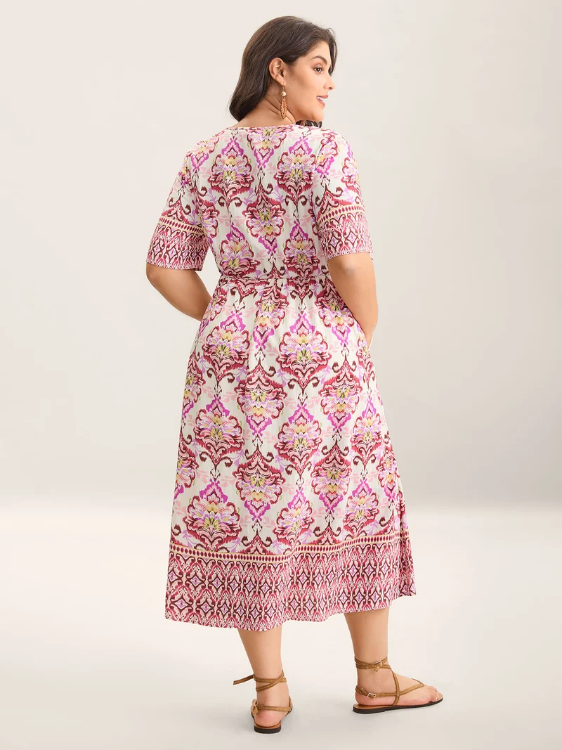 Ornate Print Surplice Pockets Maxi Dress