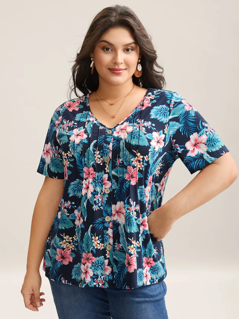 Large Flower Print Toothpick Pleat T-Shirt