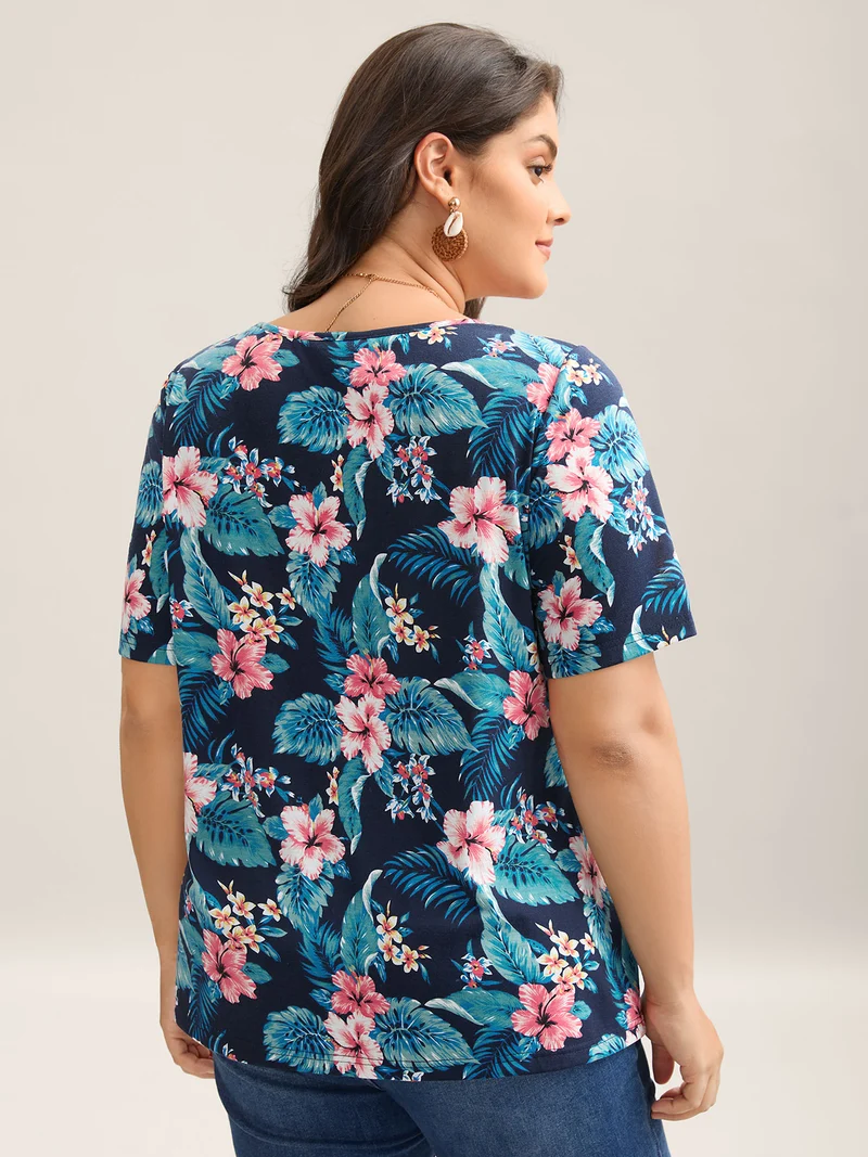Large Flower Print Toothpick Pleat T-Shirt