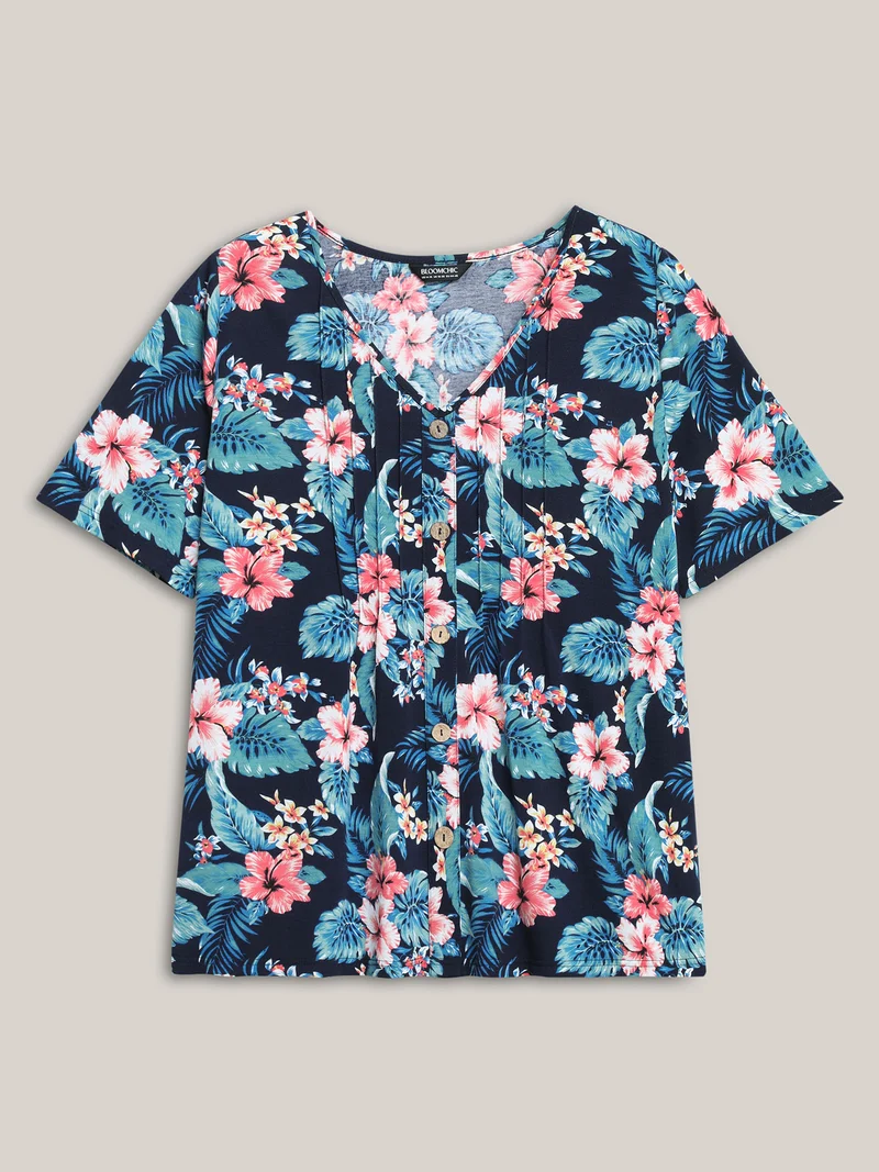 Large Flower Print Toothpick Pleat T-Shirt