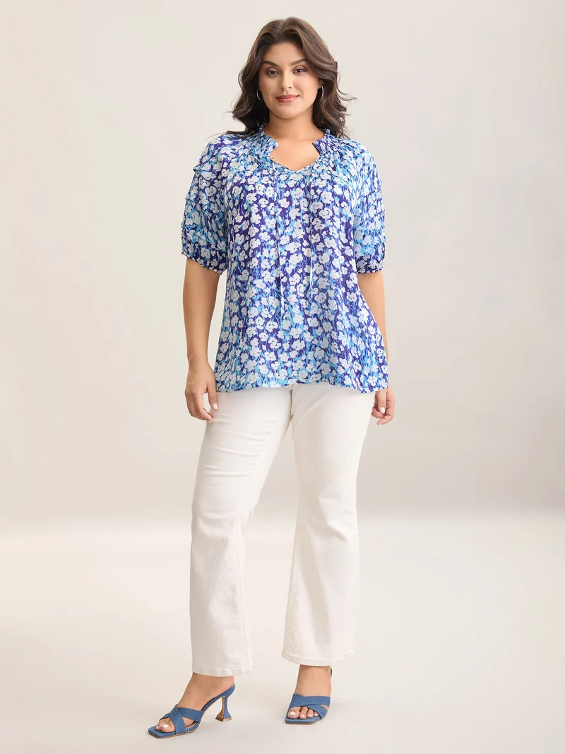 Cloud Print Shirred Collar Tiered Sleeve Blouse