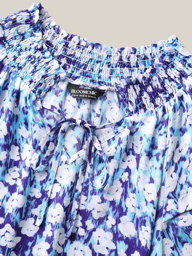 Cloud Print Shirred Collar Tiered Sleeve Blouse