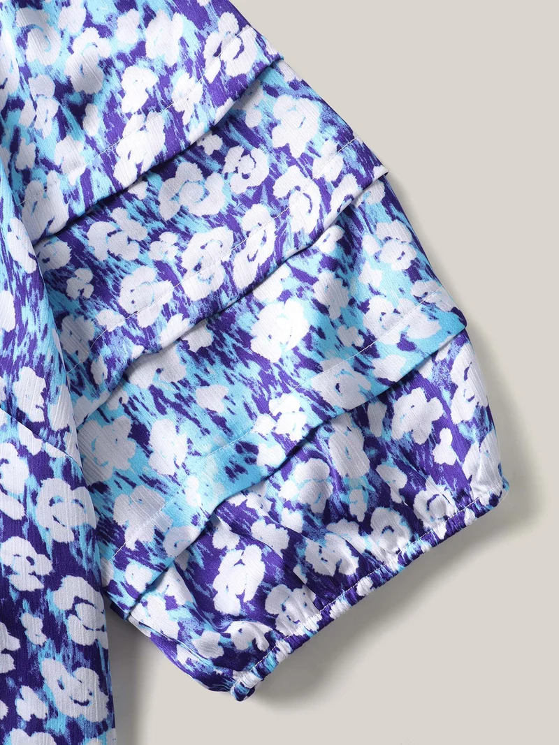 Cloud Print Shirred Collar Tiered Sleeve Blouse