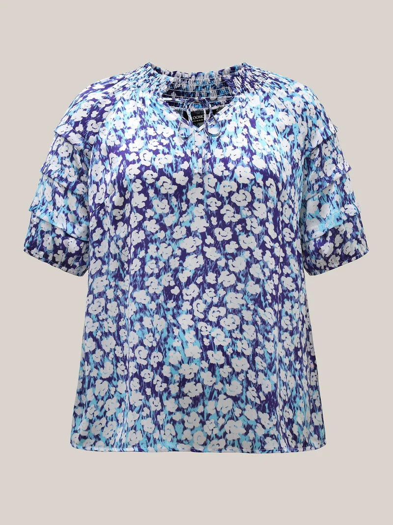 Cloud Print Shirred Collar Tiered Sleeve Blouse