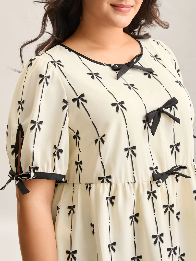 Bow Detail Printed Color Contrast Blouse