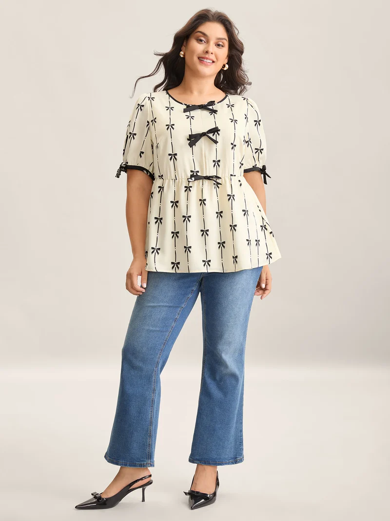 Bow Detail Printed Color Contrast Blouse