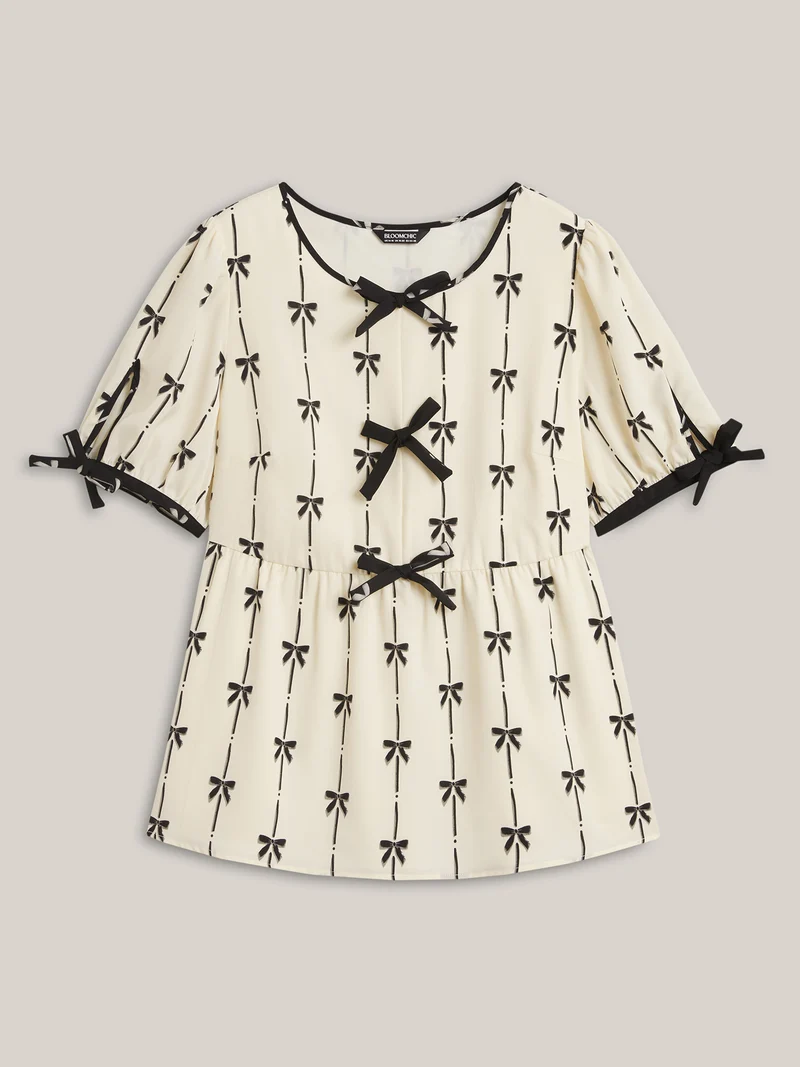 Bow Detail Printed Color Contrast Blouse