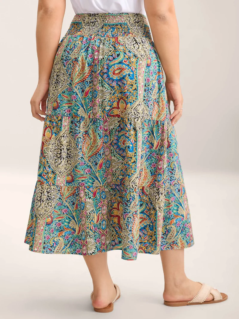 Paisley Print Shirred Waist Midi Skirt