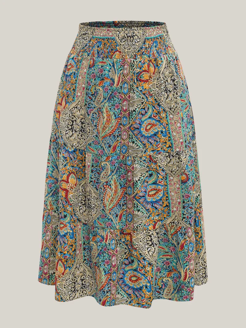Paisley Print Shirred Waist Midi Skirt
