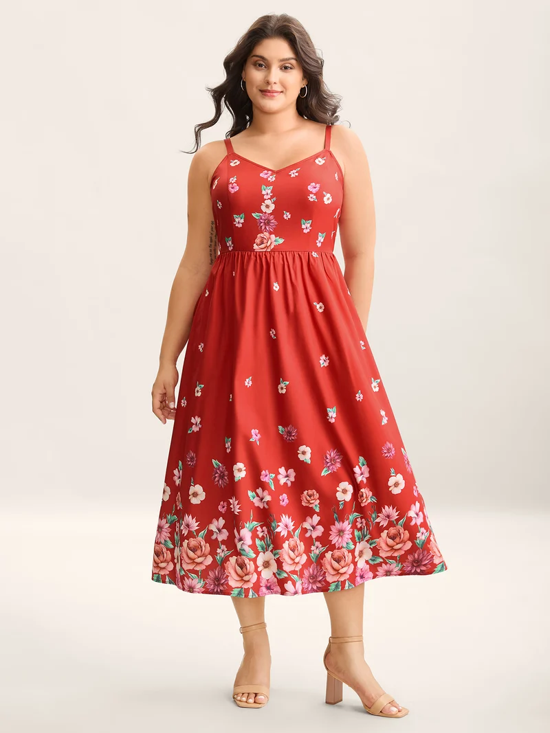 Blooming Flowers V Neck Pockets Dress