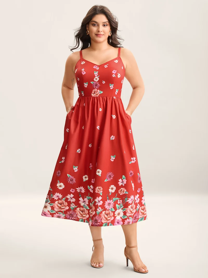 Blooming Flowers V Neck Pockets Dress
