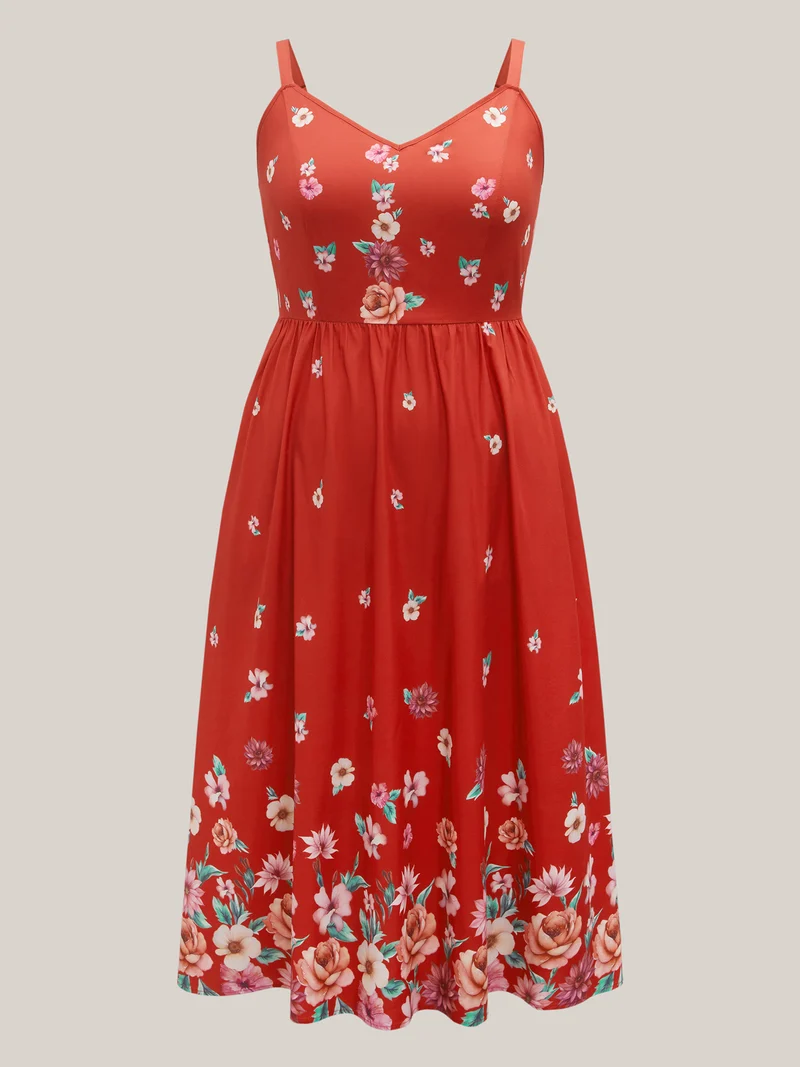Blooming Flowers V Neck Pockets Dress