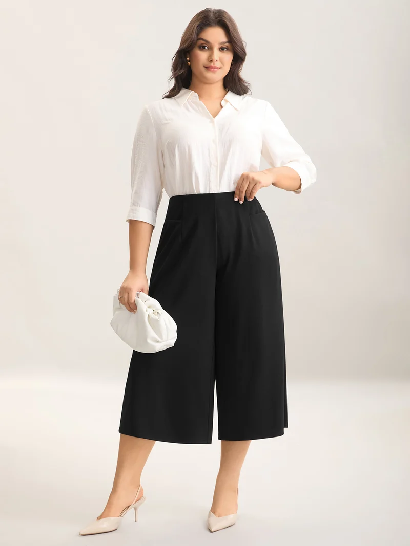Stretch Woven Wide-Leg Pull-On Pants
