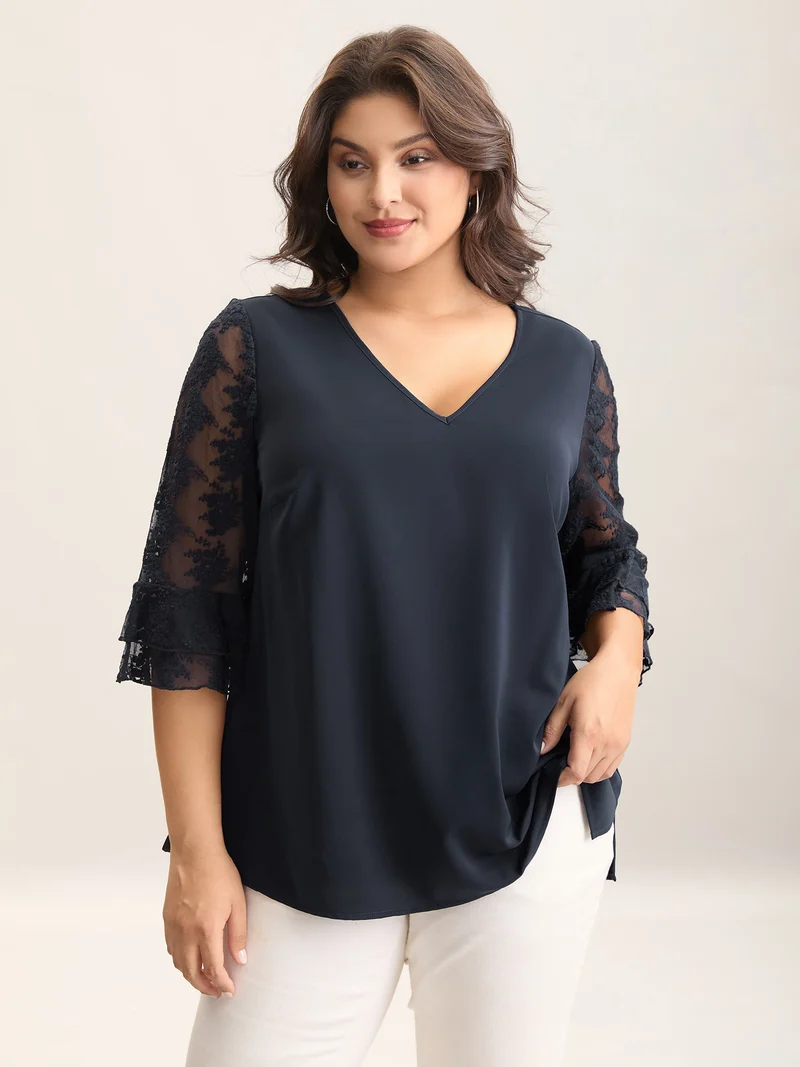 Sheer Textured Sleeve V-Neck Blouse