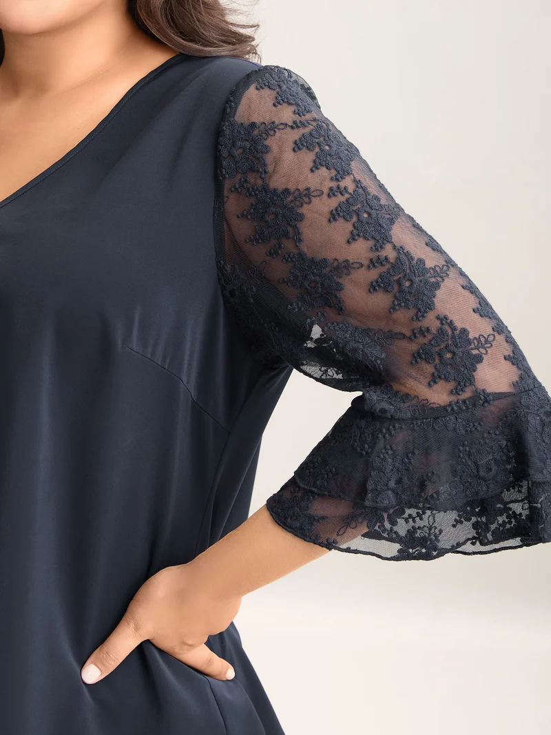 Sheer Textured Sleeve V-Neck Blouse