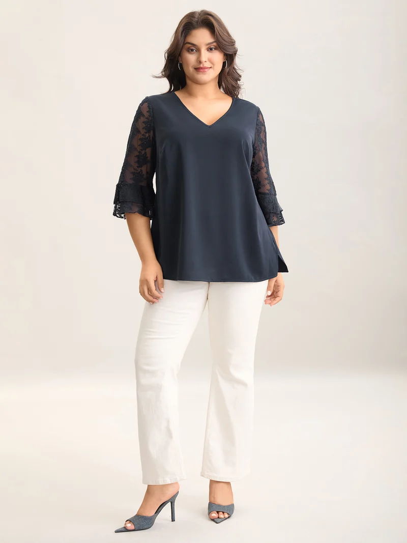 Sheer Textured Sleeve V-Neck Blouse